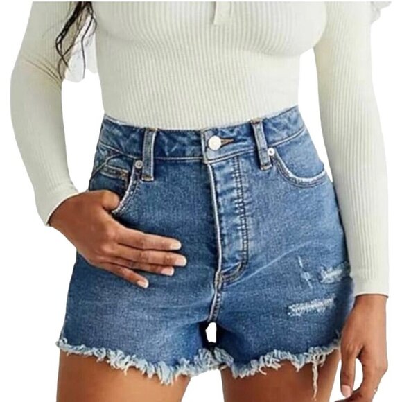 Free People We The Free Crvy Vintage High Rise Shorts Mid Wash Denim Cotton Blen - Picture 1 of 9